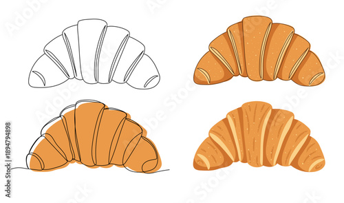 Hand drawn French croissant in different styles. Outline, line art, flat illustration of croissant bakery. Great for design menu cafe,bistro, restaurant, label and packaging