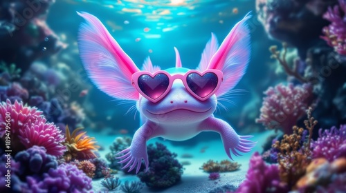 An axolotl wearing heart-shaped glasses in its underwater world. Funny surrealism.