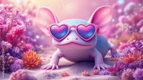 An axolotl wearing heart-shaped glasses in its underwater world. Funny surrealism.