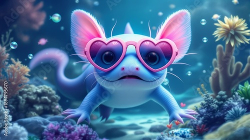 An axolotl wearing heart-shaped glasses in its underwater world. Funny surrealism.