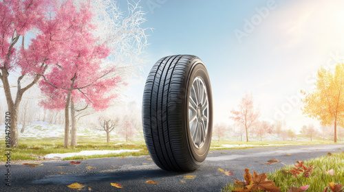Tire on road by trees. A tire stands upright on a road lined with trees. The setting shows a mix of seasons with flowers and fallen leaves.