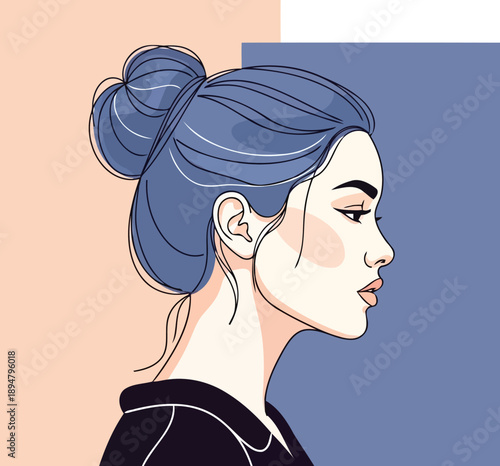 Fashion portrait of woman profile with blue hair bun hairstyle