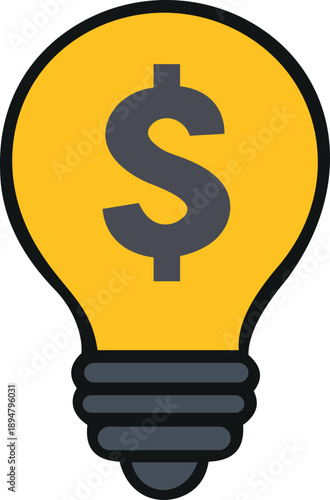 This icon creatively combines a light bulb with a dollar sign, symbolizing ideas related to finance, investment, and innovation. The bright yellow color conveys optimism and creativity, while the grey