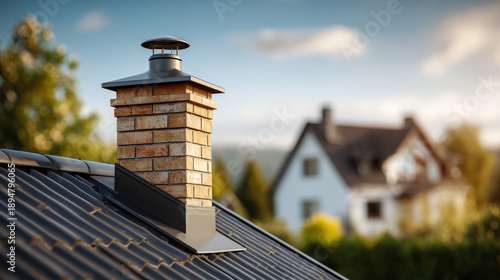 Wallpaper Mural Chimney on a roof in the afternoon sun. A chimney stands on a roof with a house in the background. Sunlight shines on the brick chimney and the roof. Torontodigital.ca