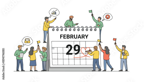 A group of small people celebrating and planning around a large calendar showing February 29th, representing a leap year event or special date.