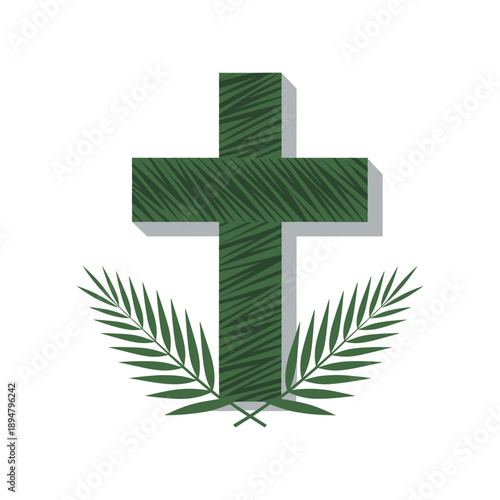 Green Palm Sunday Cross with Palm Leaves on White Background