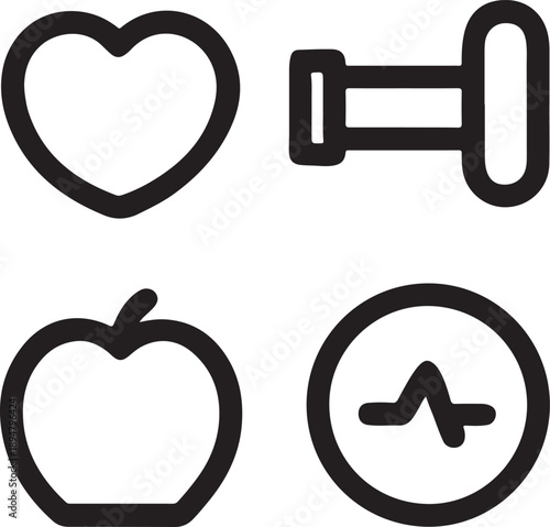 Wellness and Health Icons: Symbolic icons for heart, dumbbell, apple, and EKG wave. Embrace the vitality of a healthy lifestyle with these simplistic and evocative illustrations. 