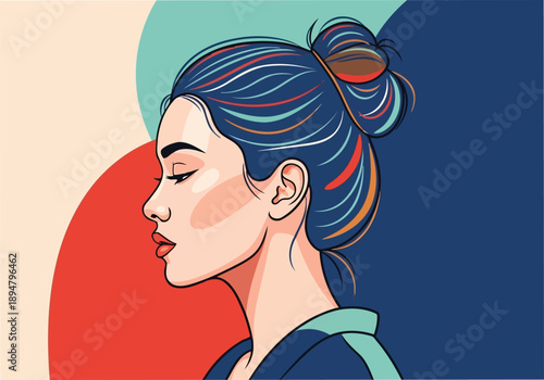 Beautiful woman profile with blue hair bun in pastel vector style