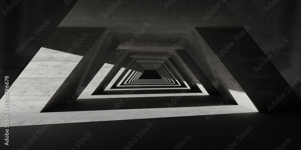 Obraz premium Architecture abstract background for music video, 3D rendering of dark corridor with triangle space under sharp angle. Simple aesthetic art. Grey moody grunge interior with realistic pyramid shape