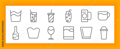 Cold drink set icon. Glass with straw, soda bubbles, paper cup, cocktail, coffee cup, bottle, wine, takeaway, ice, foam, refreshment, juice, container