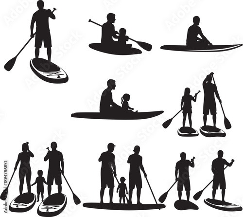 Silhouette Collection of People Paddleboarding and Canoeing in Various Poses