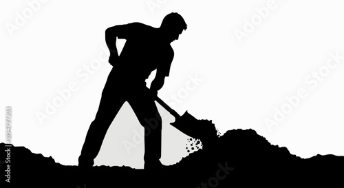 Silhouette of a man digging with a shovel.
