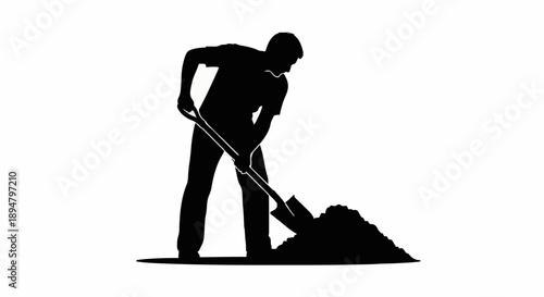 Silhouette of a man digging with a shovel.