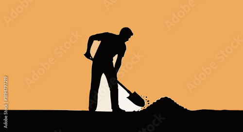 Silhouette of a man digging with a shovel.