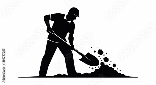 Silhouette of a construction worker digging with a shovel.