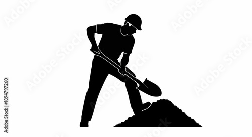 Silhouette of a construction worker digging with a shovel.