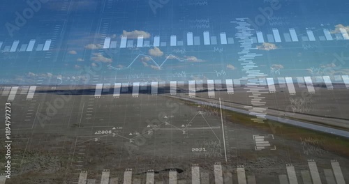 Fading in data overlay over fields, bars sliding and line graph rising showing trend growth