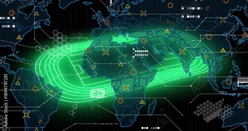 Green line appearing off US East Coast forming U-shaped track sweeping eastward showing data flow