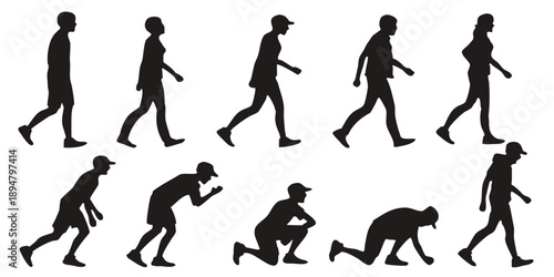 Human silhouettes in various poses and actions, full body people silhouettes, walking standing sitting running jumping poses, black solid shapes, high contrast, isolated on white background, vector il