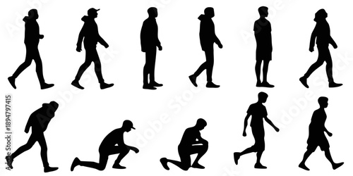 Human silhouettes in various poses and actions, full body people silhouettes, walking standing sitting running jumping poses, black solid shapes, high contrast, isolated on white background, vector