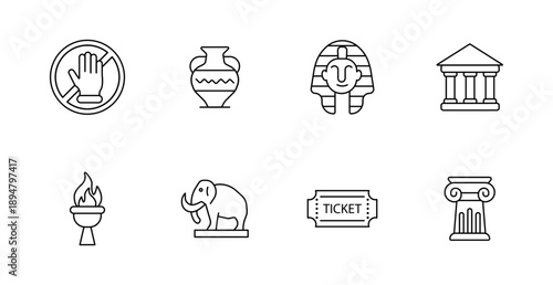 Museum set icon. Do not touch sign, amphora, pharaoh head, classical building, flame, mammoth, ticket, column shown in cultural heritage line icons.