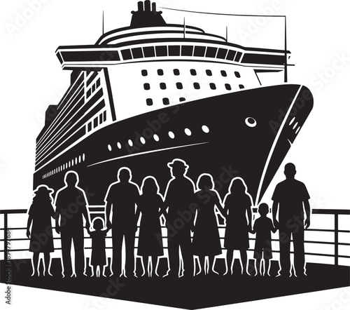 Silhouette Family Cruise Vacation on Luxury Ship Deck Vector Illustration