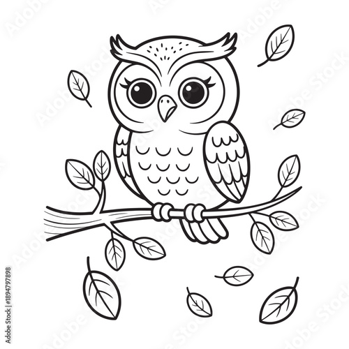 Cute Owl Cartoon Vector Illustration Sitting on Tree Branch – Adorable Woodland Bird Line Art for Kids Coloring and Nature Design