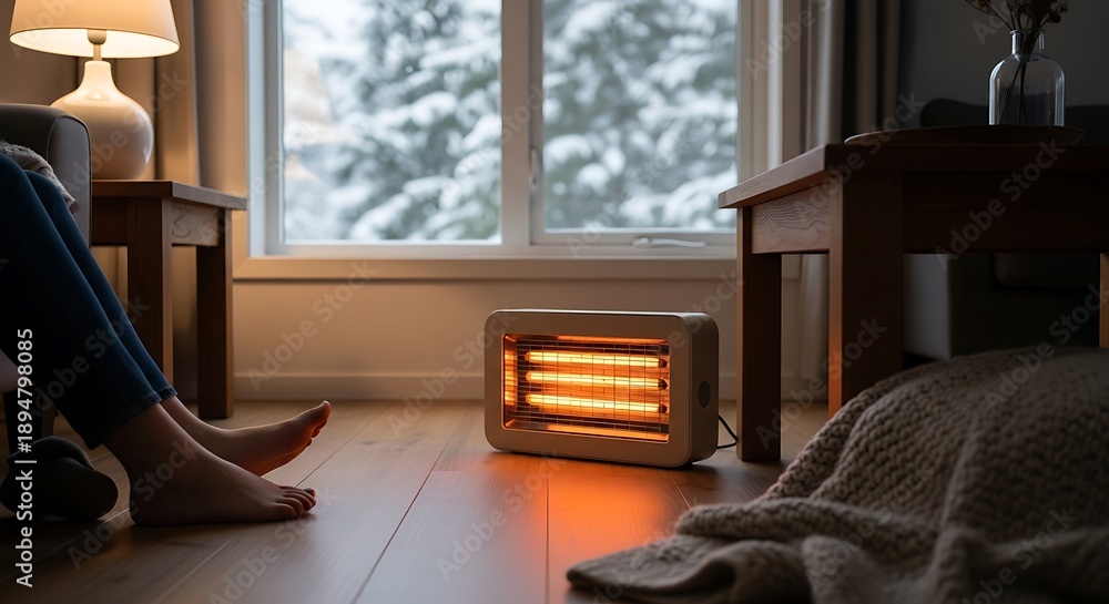 Fototapeta premium Person warming feet by glowing electric heater near window with snowy trees outside