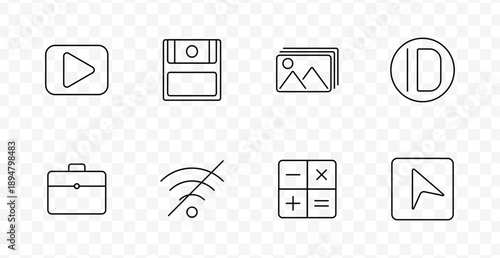 Multimedia set icon. Video play, floppy, photo stack, contrast, signal off, briefcase, calculator, cursor.