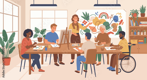 Art Therapist Group Session

A flat vector illustration of an art therapist facilitating a group art therapy session. Multiple participants creating art together.