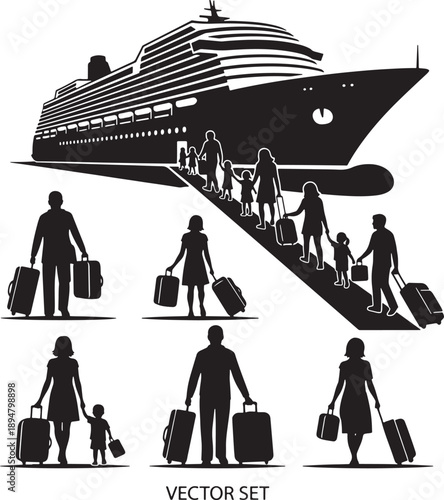 Flat Design Cruise Ship Travel Vector with Passengers and Luggage Boarding Scene