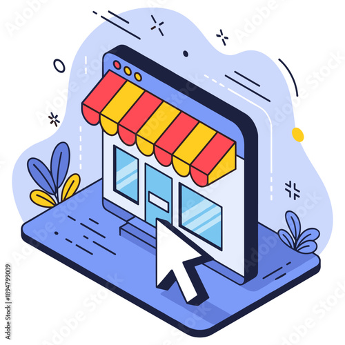 Online storefront click - e-commerce website icon with store awning