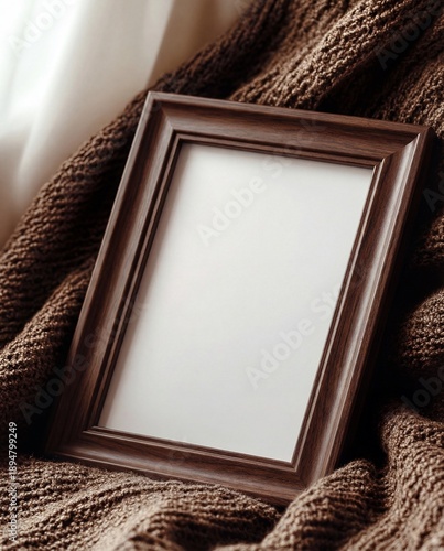 empty wooden picture frame mockup on a cozy brown knitted blanket