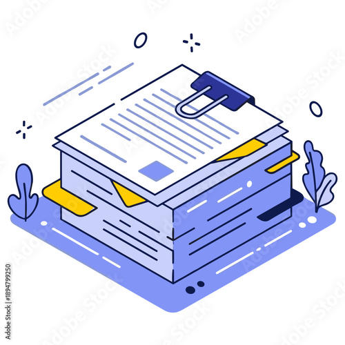 Stack of documents with paper clip and abstract blue decorations