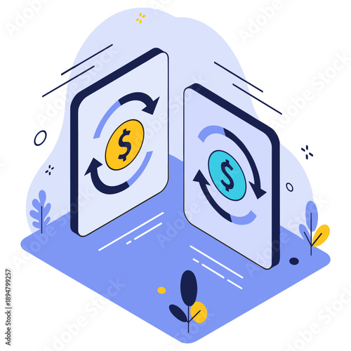 Digital currency exchange concept with arrows and dollar symbols in modern artwork