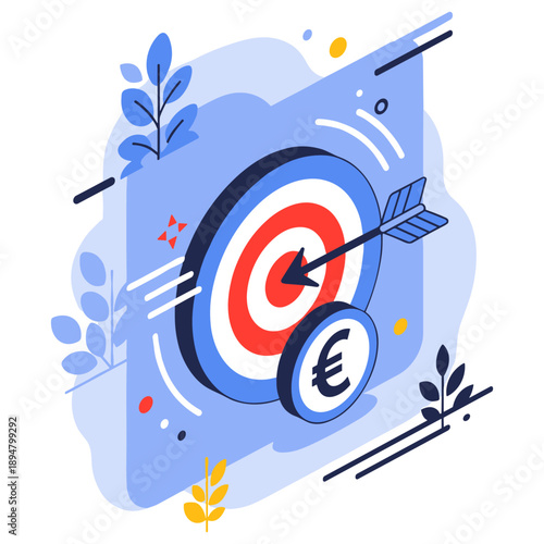 Arrow hitting euro target board with abstract background and foliage elements
