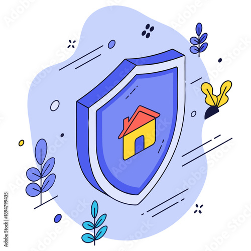 Secure home shield icon with blue and yellow illustrations in modern style