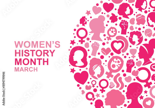 Womens history month march celebration graphic with pink silhouettes