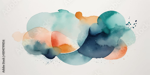 An abstract watercolor painting featuring blue splashes and soft clouds under a summer sun where sky meets sea in a light heaven