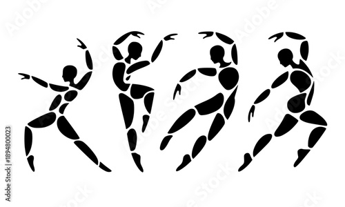 Black silhouettes of four dancers in dynamic expressive poses creating artistic movement and ballet performance concept for modern dance illustration on white background