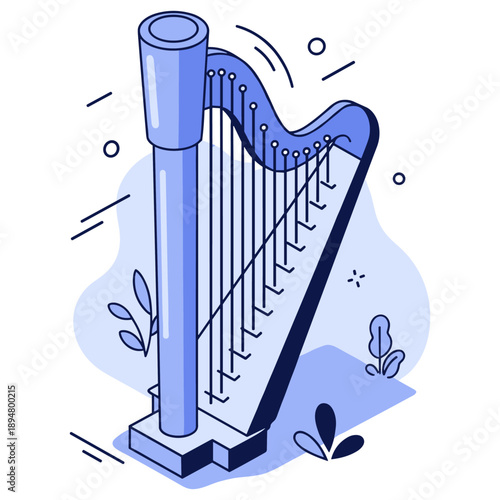 Abstract blue harp illustration with stylized musical elements
