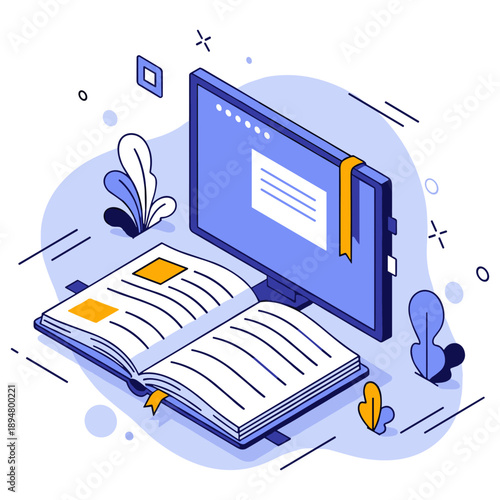 Digital learning concept with open book and computer screen illustrated in blue