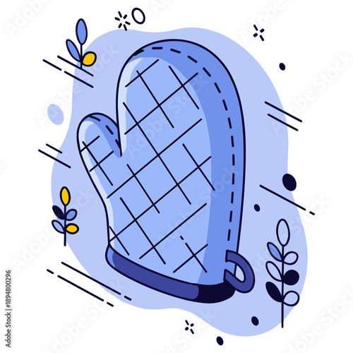 Blue checkered oven mitt with modern design and botanical accents