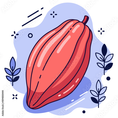 Colorful abstract cocoa pod with leaf accents on a pastel background