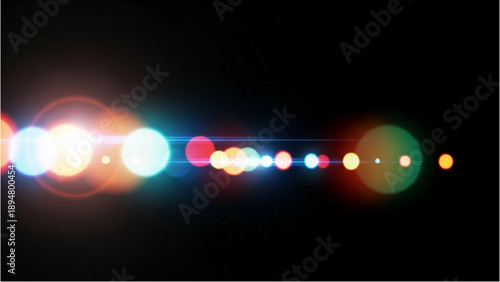 Vibrant lights and orbs in a dark space, creating a mesmerizing spectacle from a frontal viewpoint with glowing orbs and lens flares
