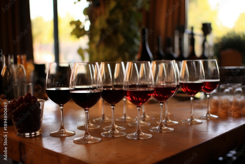 Obraz premium Glasses filled with red wine presented on a wooden table at a winery event