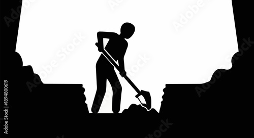 Silhouette of a person digging a hole with a shovel.