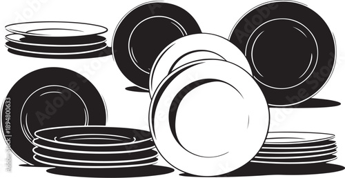 Black and white plates stacked in various positions illustration