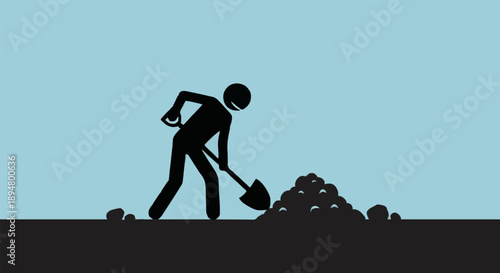 Silhouette of a person digging a pile of dirt with a shovel.
