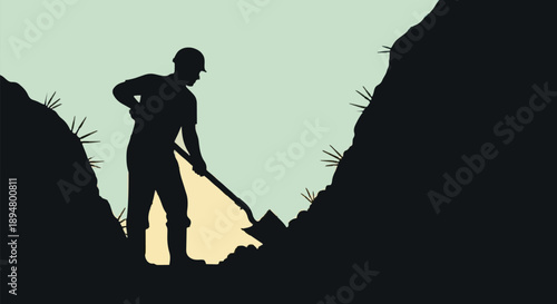 Silhouette of a miner digging in a quarry with a shovel.